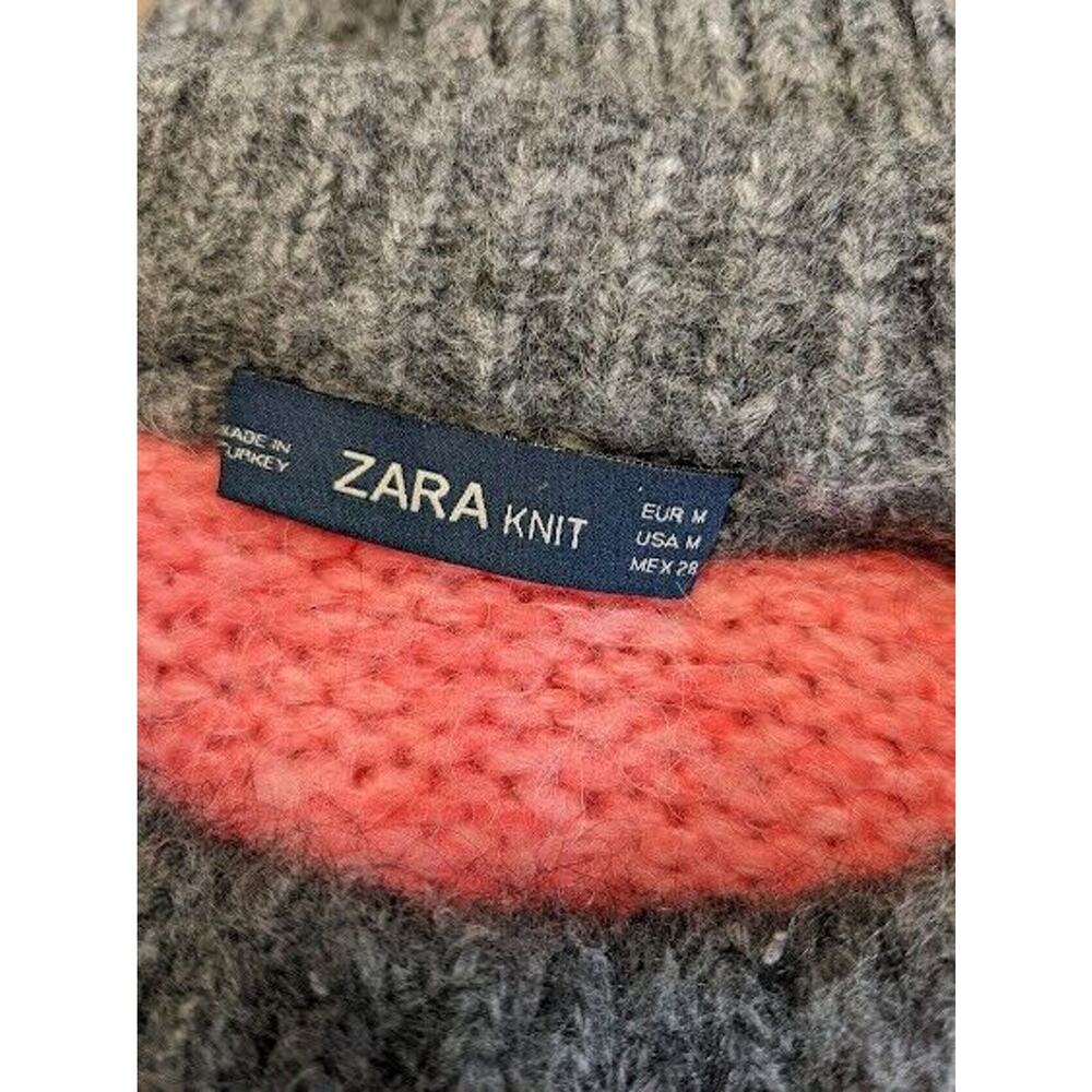 Zara Knit Medium Knitted Sweater Pullover Grey Pink Blue Colorblock Crew Neck - Picture 7 of 8